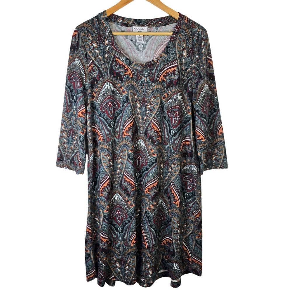 Carmen‎ Marc Valvo Women XL Paisley Print 3/4 Sleeve Knit Dress